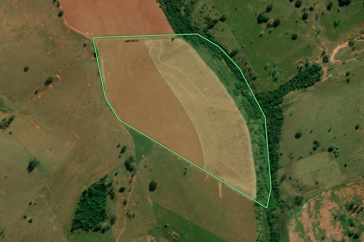 Imagem de satélite do imóvel rural em Pérola (PR), com o contorno declarado no CAR desenhado por cima.