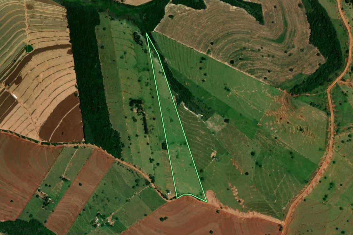 Imagem de satélite do imóvel rural em Pérola (PR), com o contorno declarado no CAR desenhado por cima.