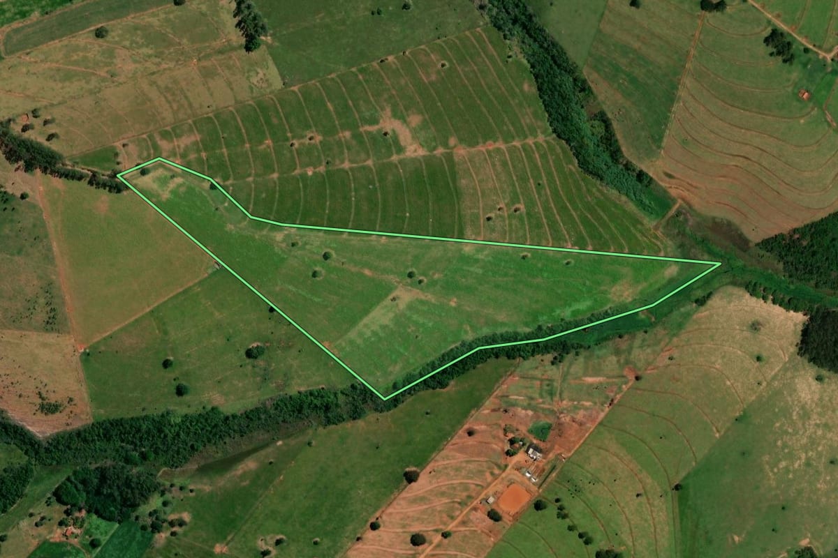 Imagem de satélite do imóvel rural em Pérola (PR), com o contorno declarado no CAR desenhado por cima.