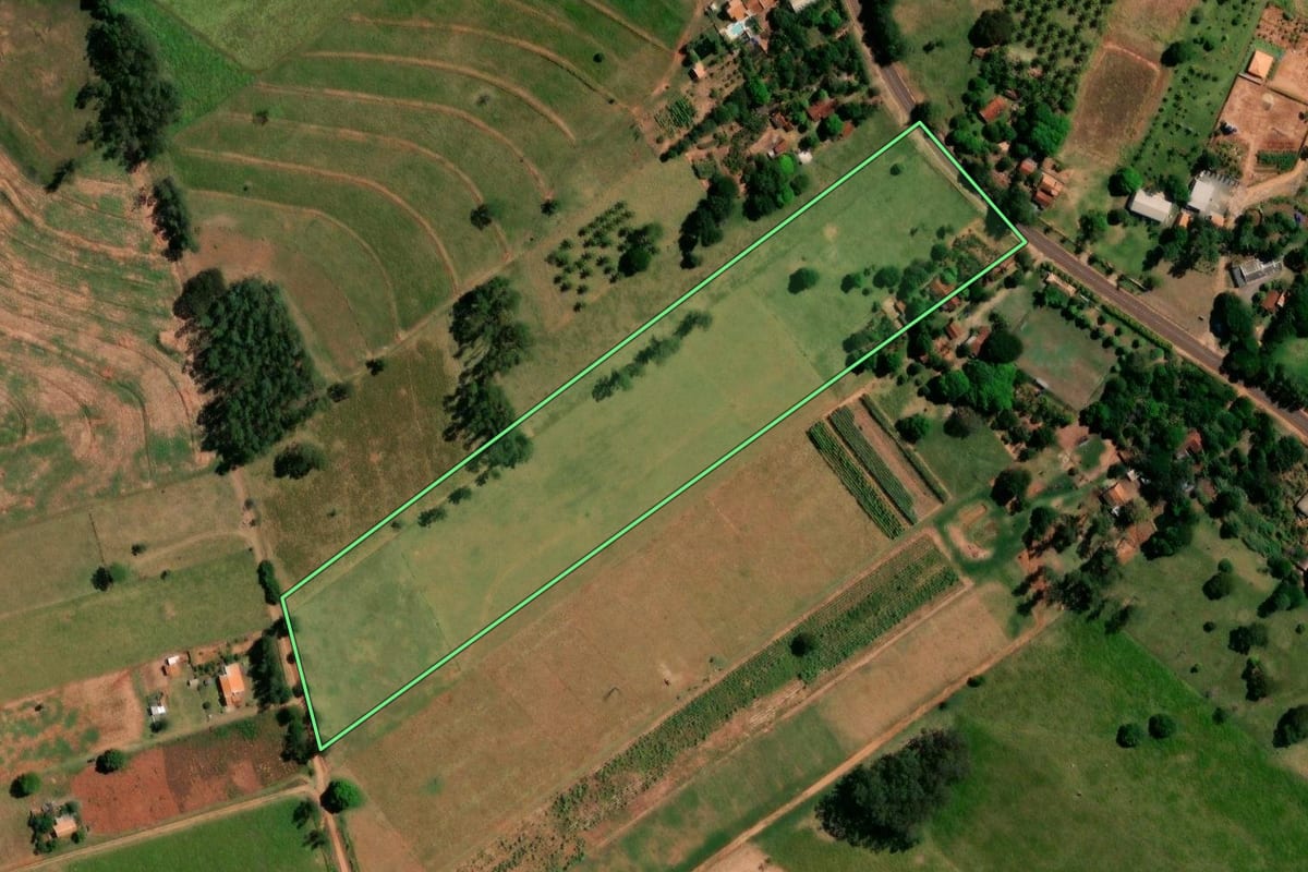 Imagem de satélite do imóvel rural em Pérola (PR), com o contorno declarado no CAR desenhado por cima.
