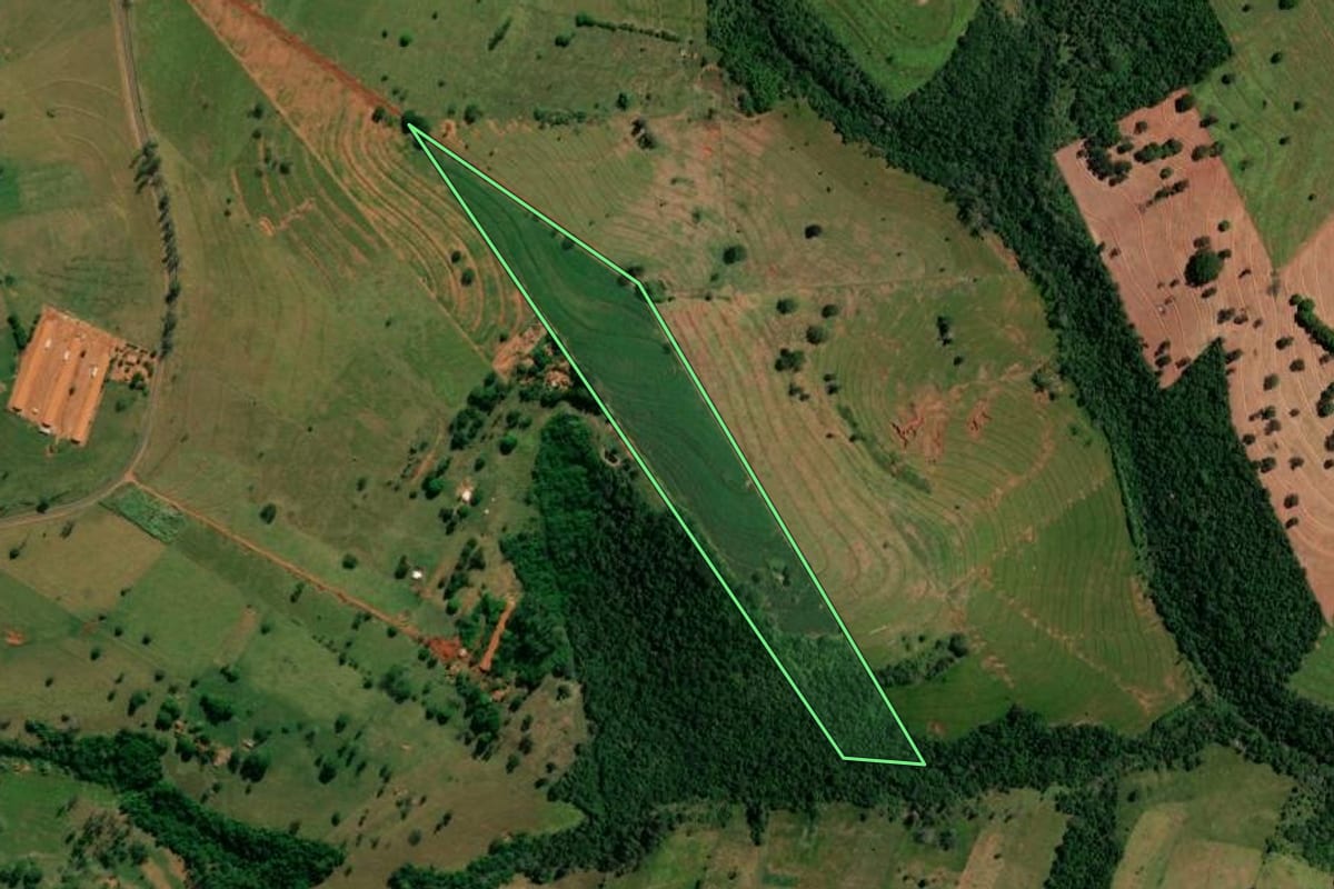 Imagem de satélite do imóvel rural em Pérola (PR), com o contorno declarado no CAR desenhado por cima.