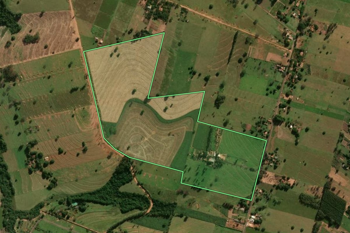 Imagem de satélite do imóvel rural em Pérola (PR), com o contorno declarado no CAR desenhado por cima.