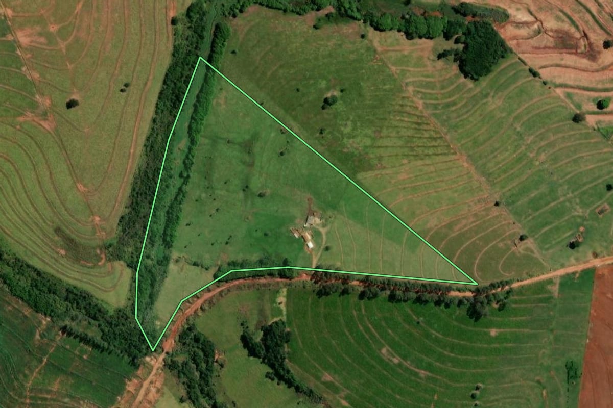 Imagem de satélite do imóvel rural em Pérola (PR), com o contorno declarado no CAR desenhado por cima.