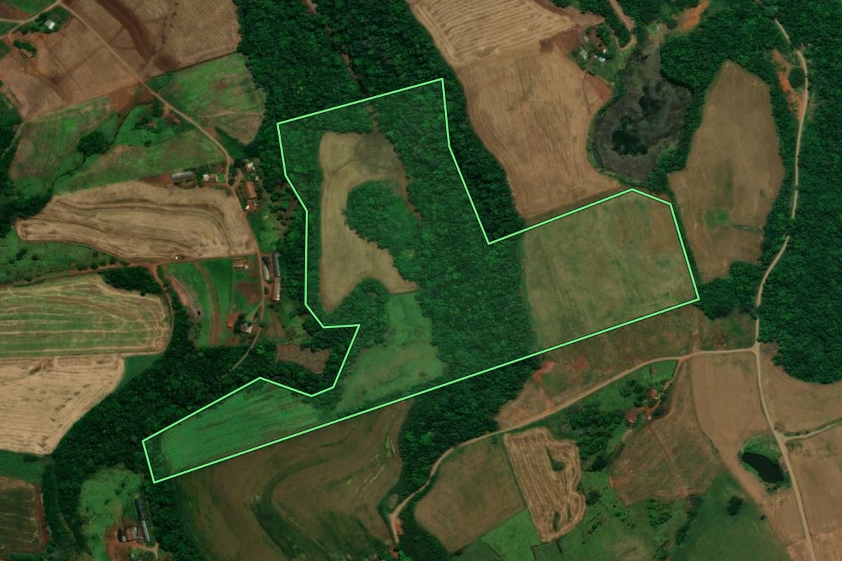 Imagem de satélite do imóvel rural em Pérola d'Oeste (PR), com o contorno declarado no CAR desenhado por cima.