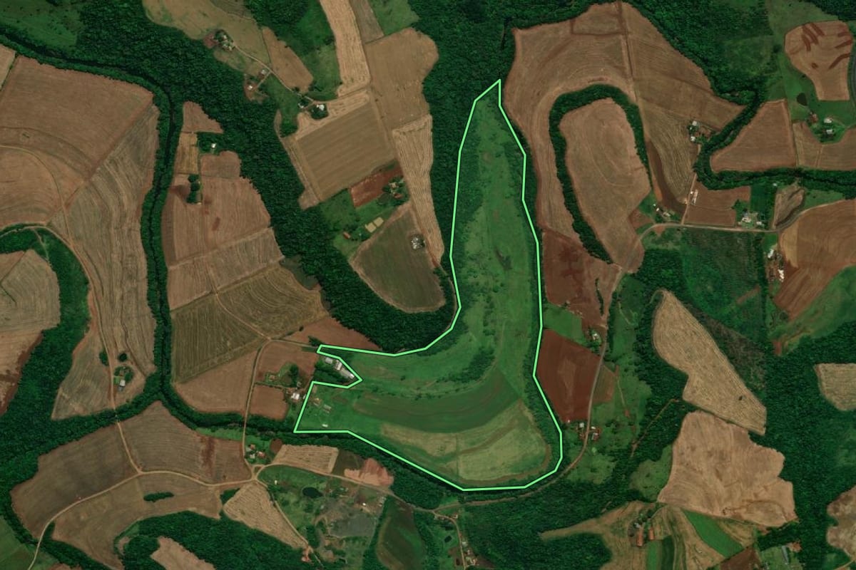 Imagem de satélite do imóvel rural em Pérola d'Oeste (PR), com o contorno declarado no CAR desenhado por cima.