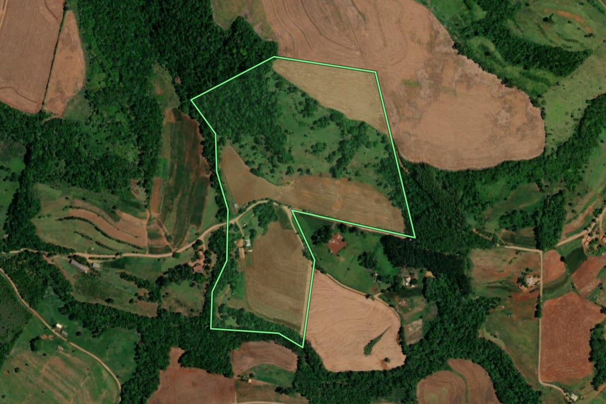 Imagem de satélite do imóvel rural em Pérola d'Oeste (PR), com o contorno declarado no CAR desenhado por cima.
