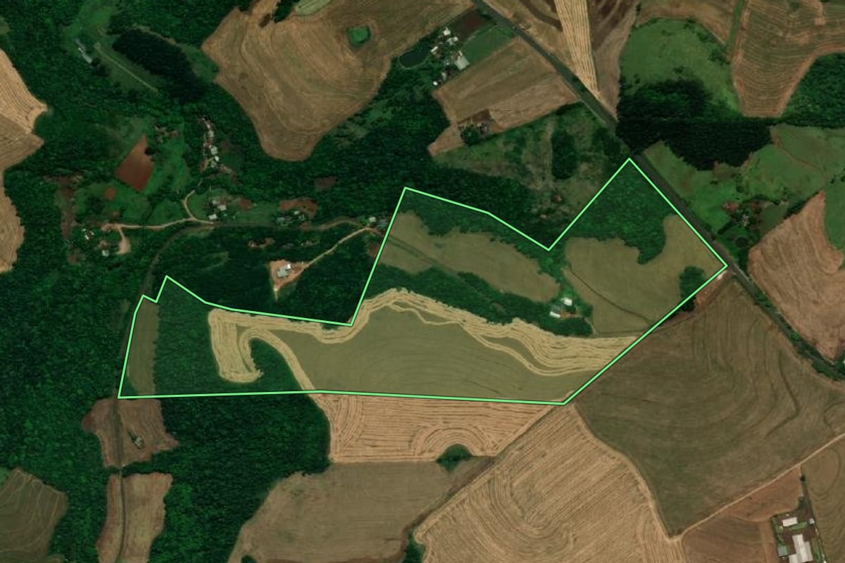 Imagem de satélite do imóvel rural em Pérola d'Oeste (PR), com o contorno declarado no CAR desenhado por cima.