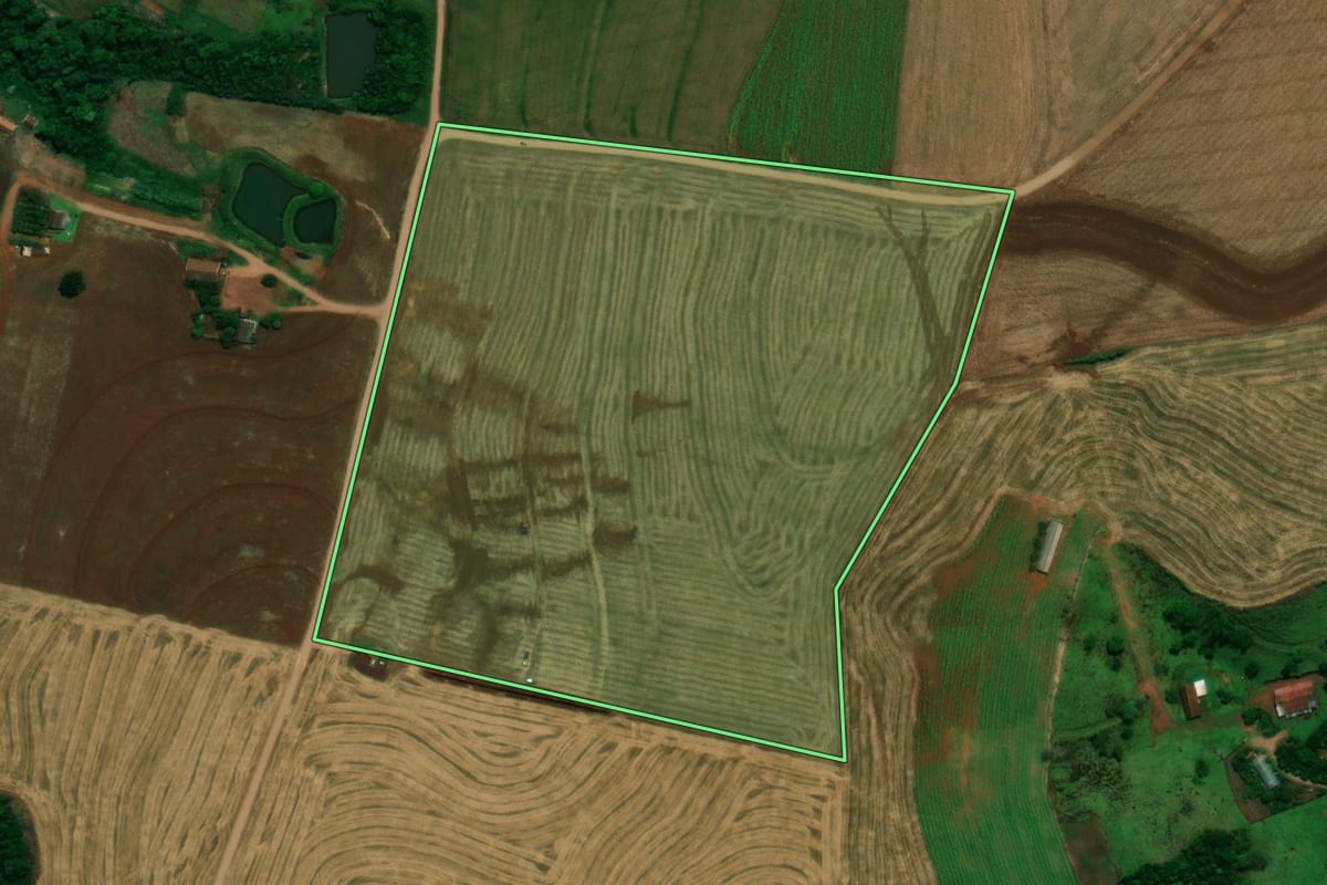Imagem de satélite do imóvel rural em Pérola d'Oeste (PR), com o contorno declarado no CAR desenhado por cima.