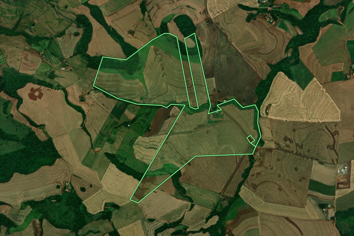 Imagem de satélite do imóvel rural em Pérola d'Oeste (PR), com o contorno declarado no CAR desenhado por cima.