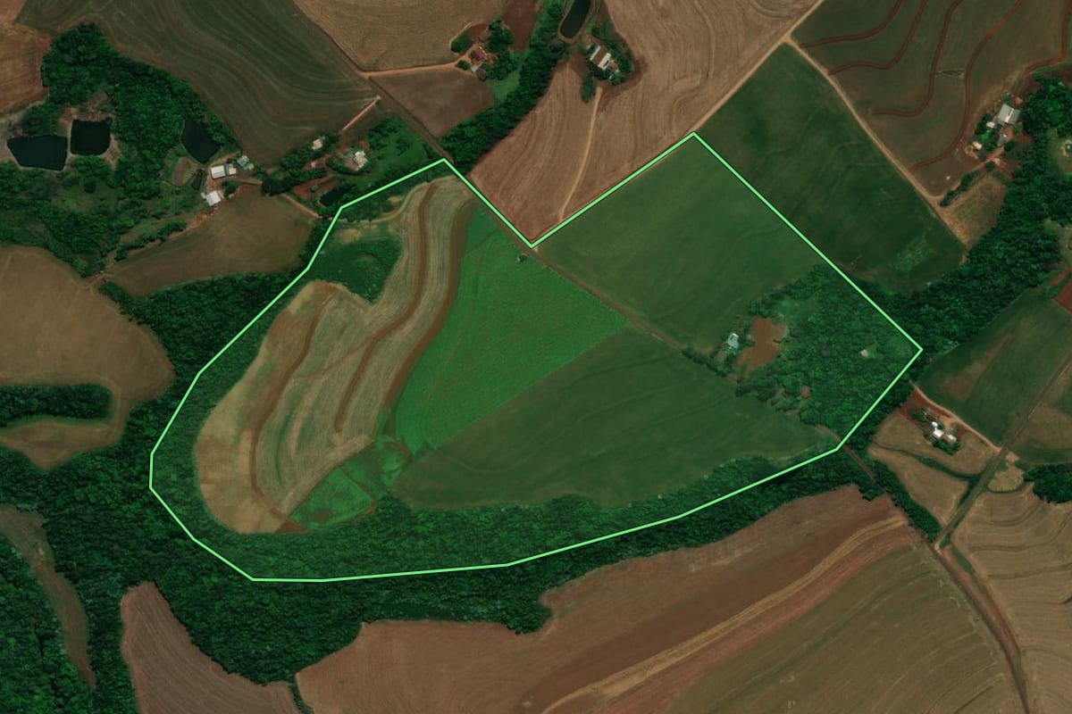 Imagem de satélite do imóvel rural em Pérola d'Oeste (PR), com o contorno declarado no CAR desenhado por cima.