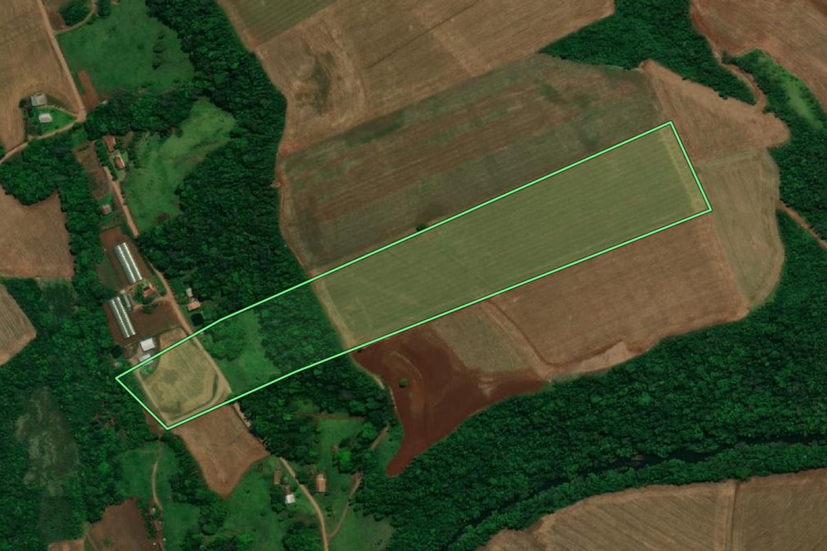 Imagem de satélite do imóvel rural em Pérola d'Oeste (PR), com o contorno declarado no CAR desenhado por cima.