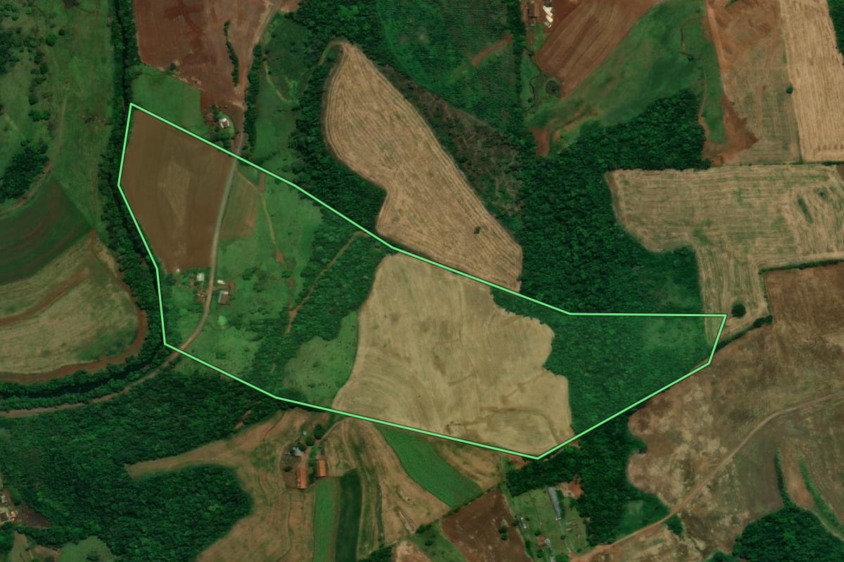 Imagem de satélite do imóvel rural em Pérola d'Oeste (PR), com o contorno declarado no CAR desenhado por cima.