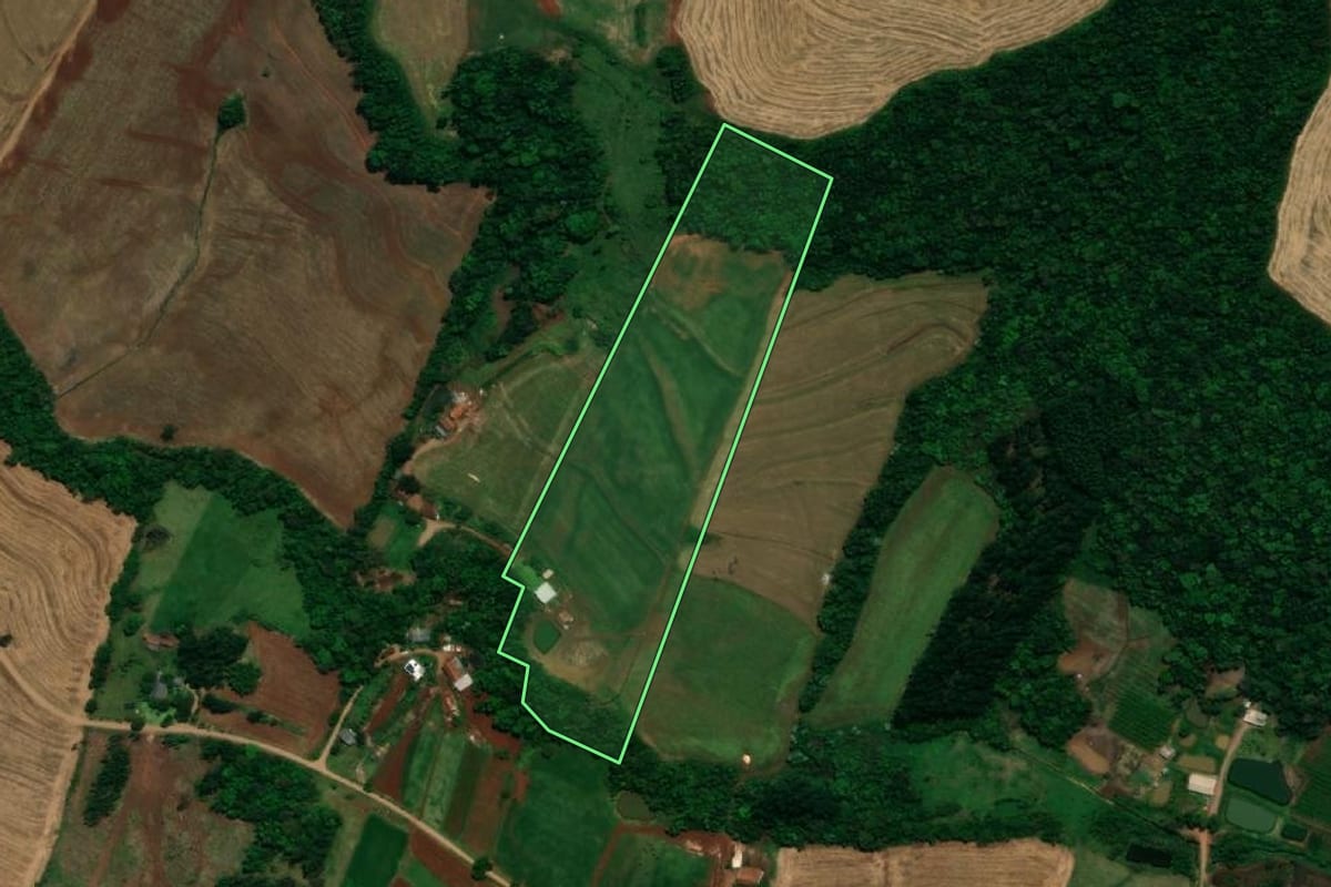 Imagem de satélite do imóvel rural em Pérola d'Oeste (PR), com o contorno declarado no CAR desenhado por cima.