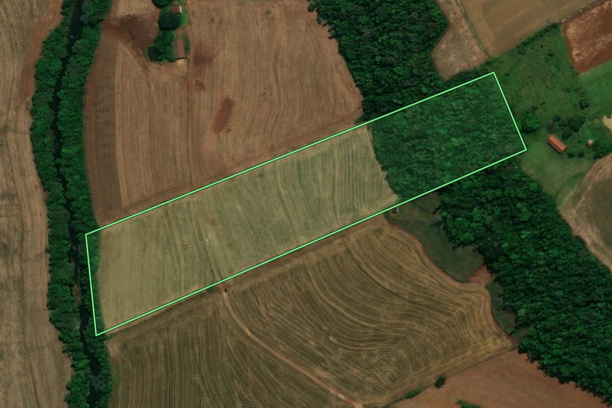 Imagem de satélite do imóvel rural em Pérola d'Oeste (PR), com o contorno declarado no CAR desenhado por cima.