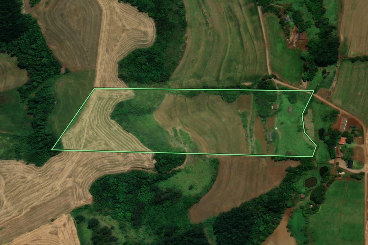 Imagem de satélite do imóvel rural em Pérola d'Oeste (PR), com o contorno declarado no CAR desenhado por cima.