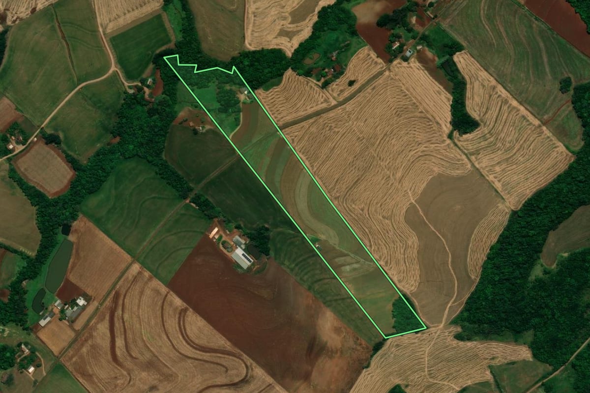Imagem de satélite do imóvel rural em Pérola d'Oeste (PR), com o contorno declarado no CAR desenhado por cima.