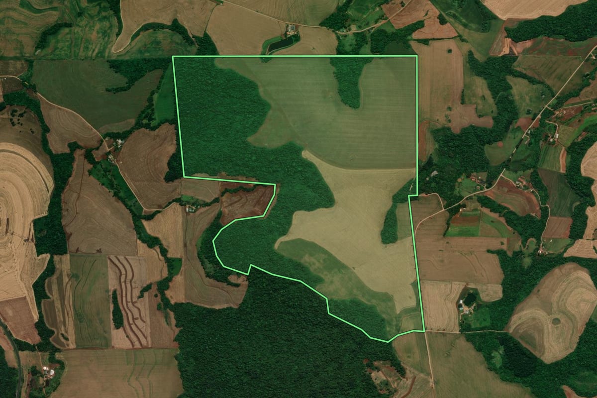 Imagem de satélite do imóvel rural em Pérola d'Oeste (PR), com o contorno declarado no CAR desenhado por cima.