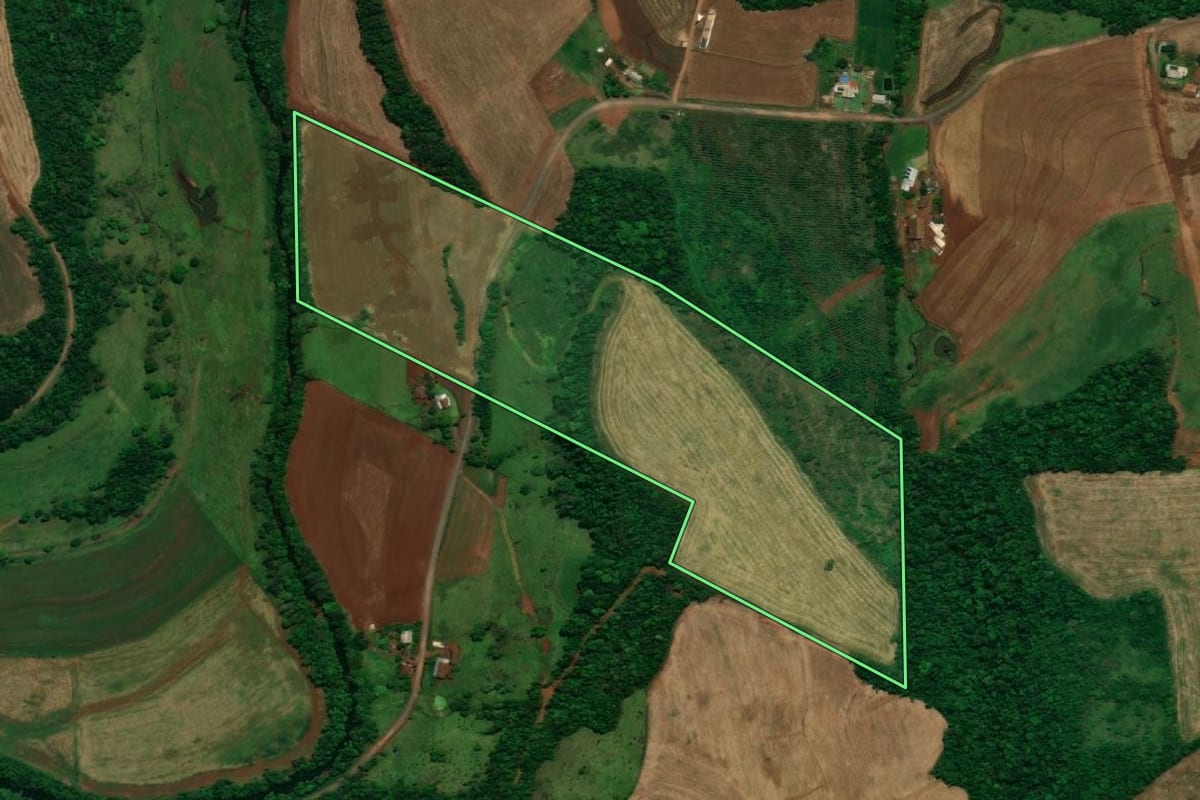 Imagem de satélite do imóvel rural em Pérola d'Oeste (PR), com o contorno declarado no CAR desenhado por cima.