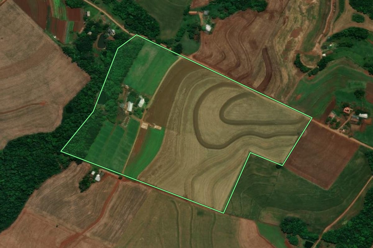 Imagem de satélite do imóvel rural em Pérola d'Oeste (PR), com o contorno declarado no CAR desenhado por cima.