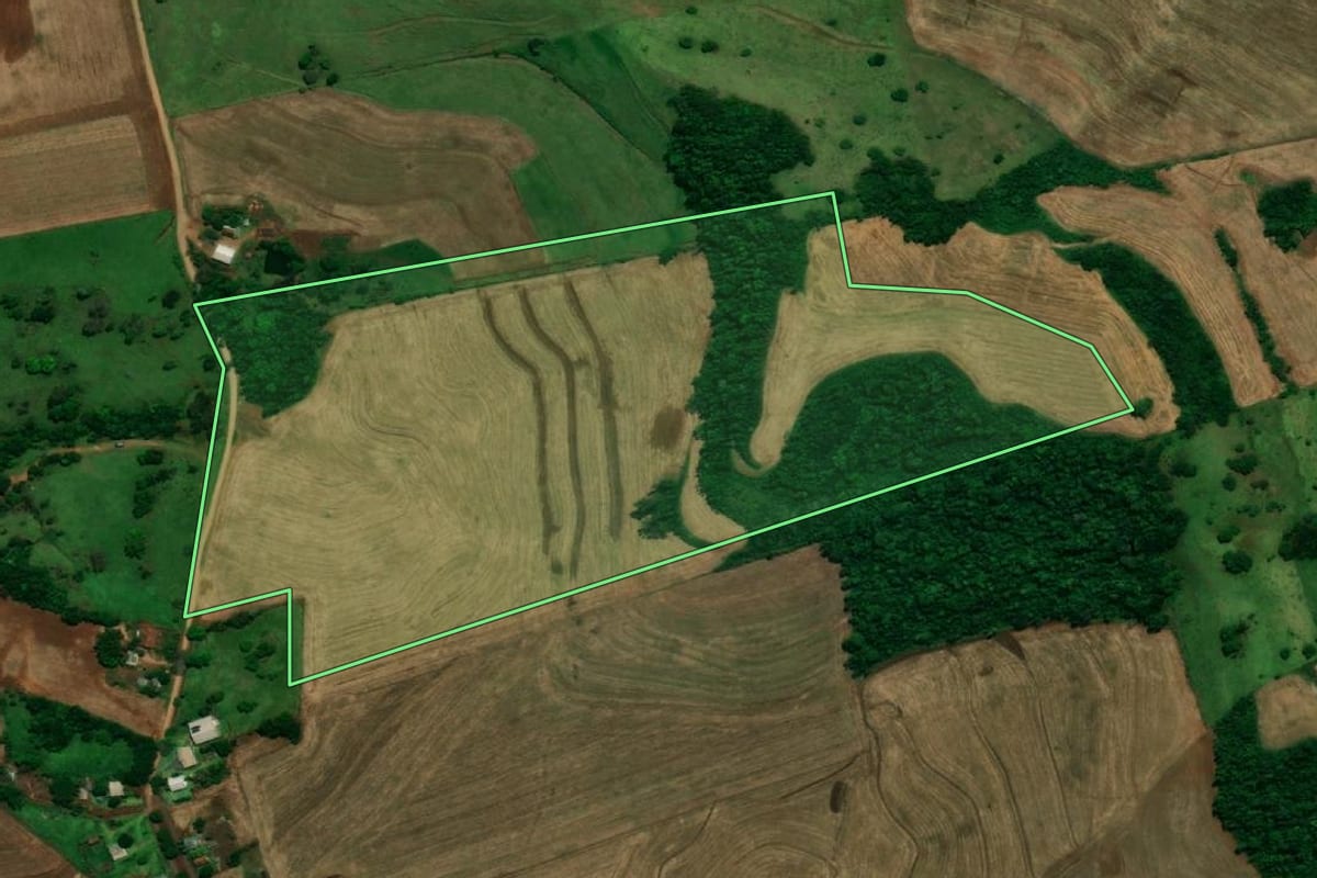 Imagem de satélite do imóvel rural em Pérola d'Oeste (PR), com o contorno declarado no CAR desenhado por cima.