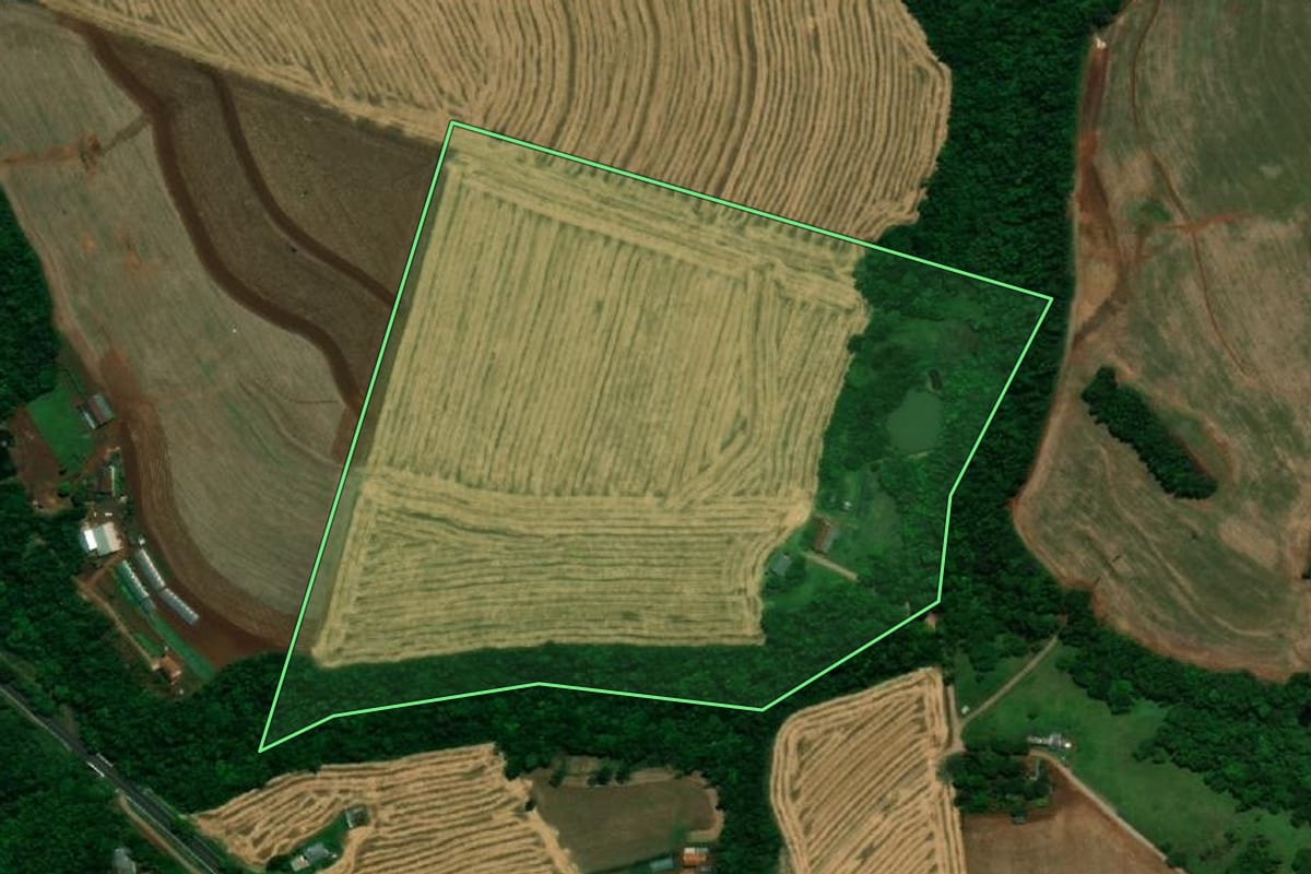 Imagem de satélite do imóvel rural em Pérola d'Oeste (PR), com o contorno declarado no CAR desenhado por cima.