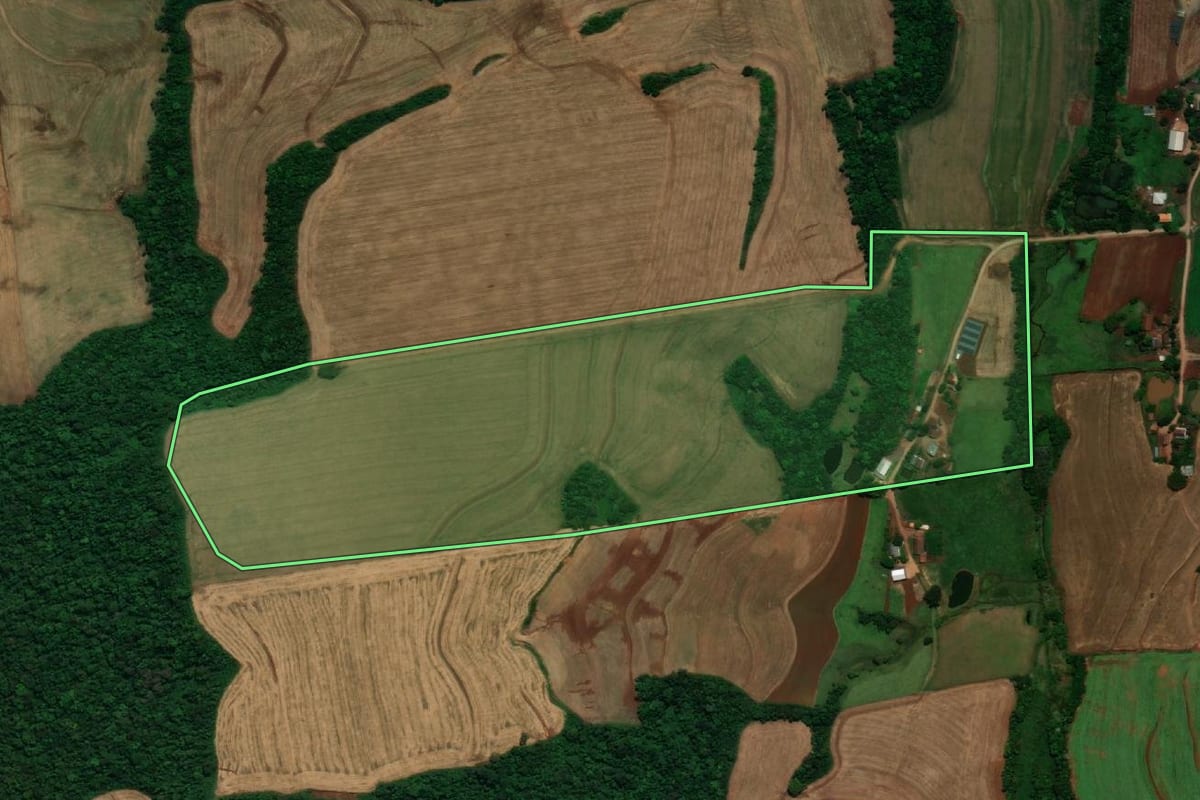 Imagem de satélite do imóvel rural em Pérola d'Oeste (PR), com o contorno declarado no CAR desenhado por cima.