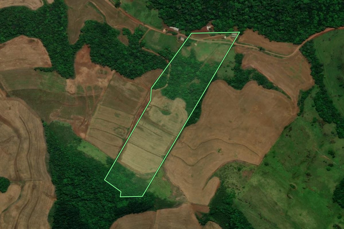 Imagem de satélite do imóvel rural em Pérola d'Oeste (PR), com o contorno declarado no CAR desenhado por cima.