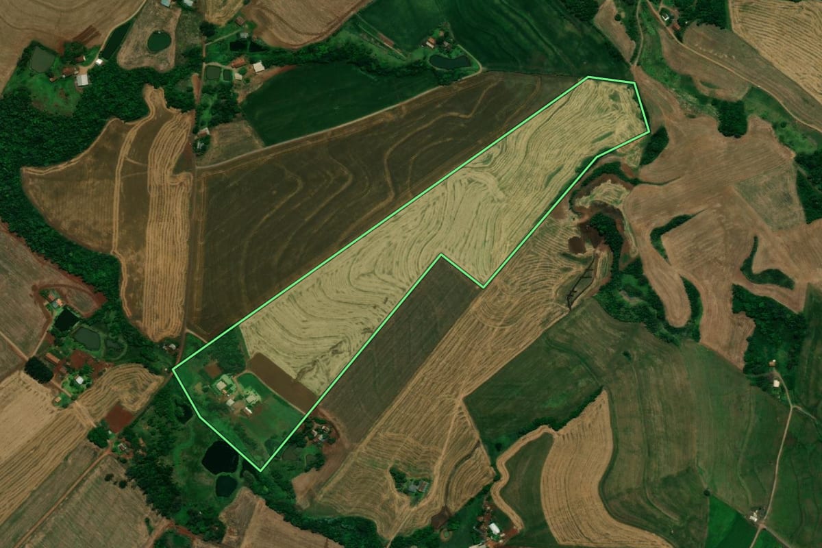 Imagem de satélite do imóvel rural em Pérola d'Oeste (PR), com o contorno declarado no CAR desenhado por cima.