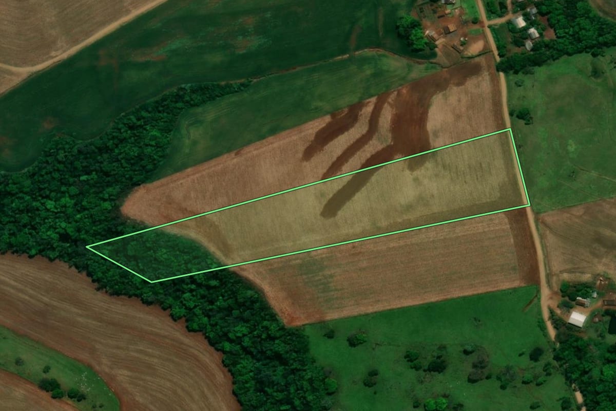 Imagem de satélite do imóvel rural em Pérola d'Oeste (PR), com o contorno declarado no CAR desenhado por cima.