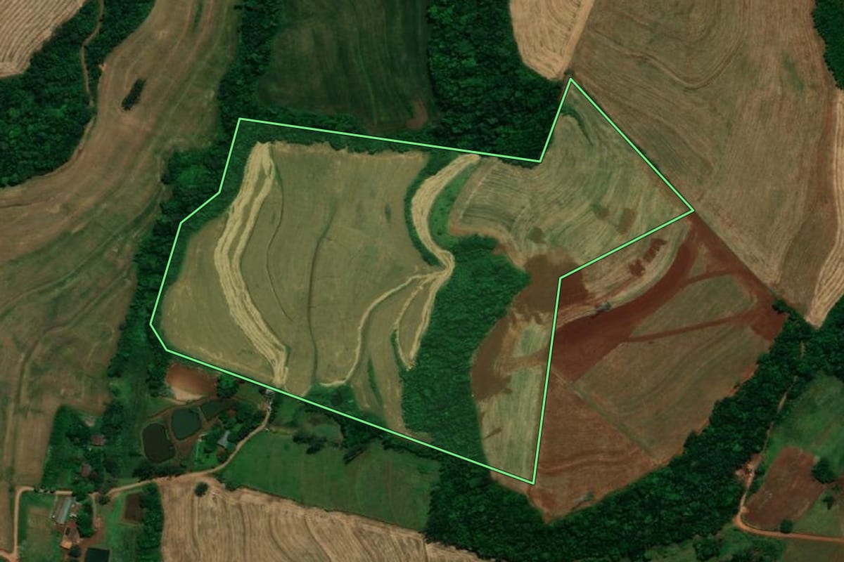 Imagem de satélite do imóvel rural em Pérola d'Oeste (PR), com o contorno declarado no CAR desenhado por cima.