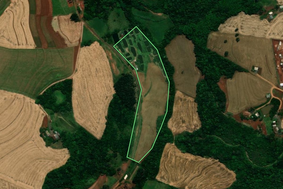 Imagem de satélite do imóvel rural em Pérola d'Oeste (PR), com o contorno declarado no CAR desenhado por cima.