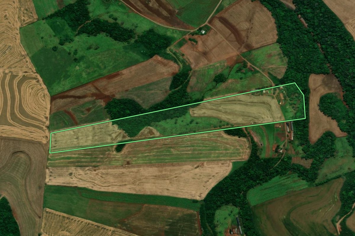 Imagem de satélite do imóvel rural em Pérola d'Oeste (PR), com o contorno declarado no CAR desenhado por cima.