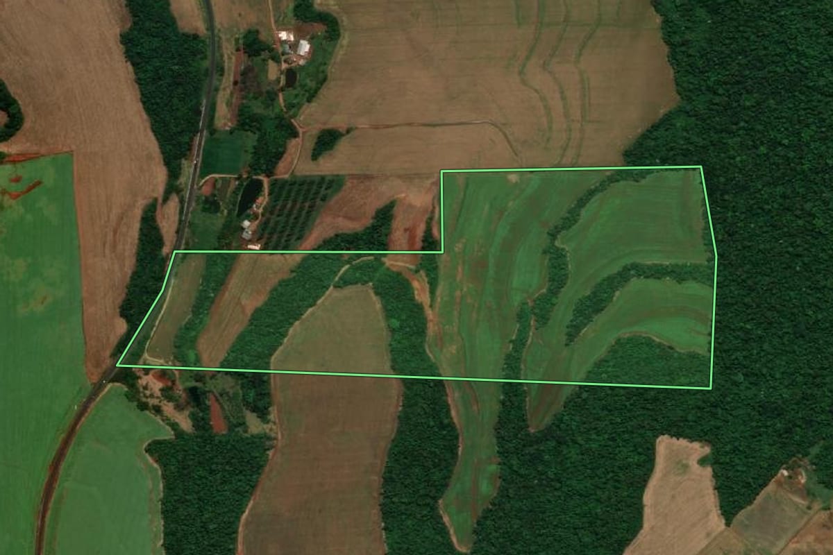 Imagem de satélite do imóvel rural em Pérola d'Oeste (PR), com o contorno declarado no CAR desenhado por cima.