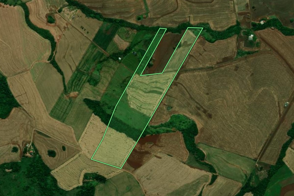 Imagem de satélite do imóvel rural em Pérola d'Oeste (PR), com o contorno declarado no CAR desenhado por cima.