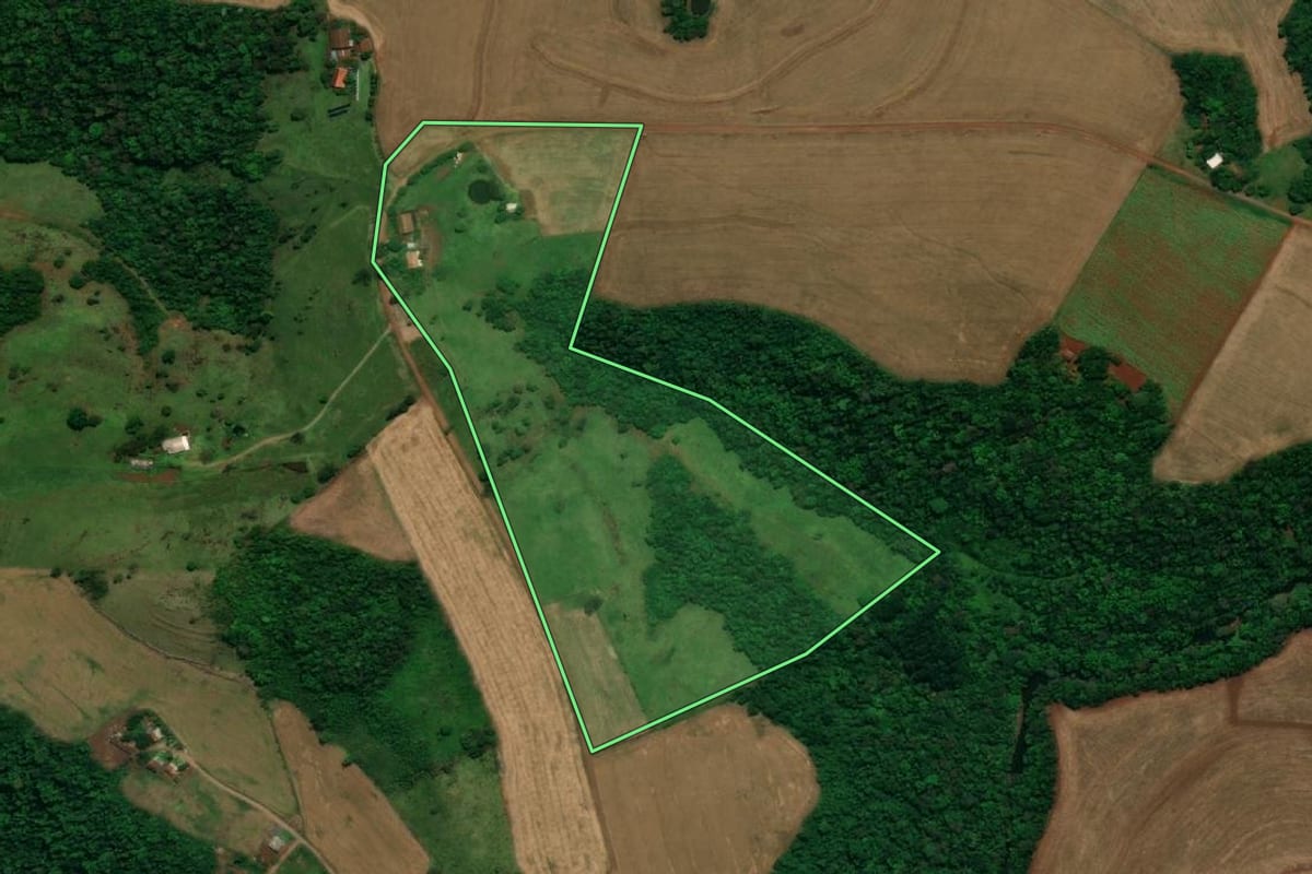 Imagem de satélite do imóvel rural em Pérola d'Oeste (PR), com o contorno declarado no CAR desenhado por cima.