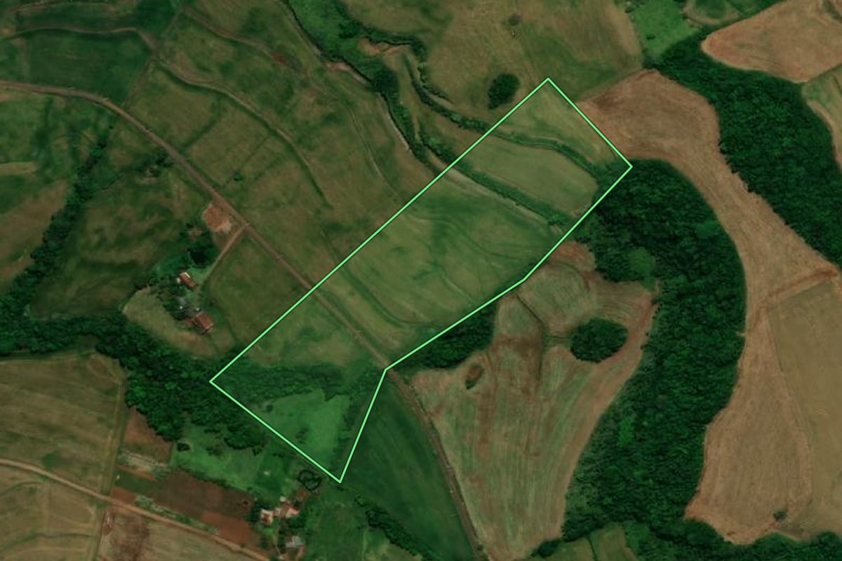 Imagem de satélite do imóvel rural em Pérola d'Oeste (PR), com o contorno declarado no CAR desenhado por cima.