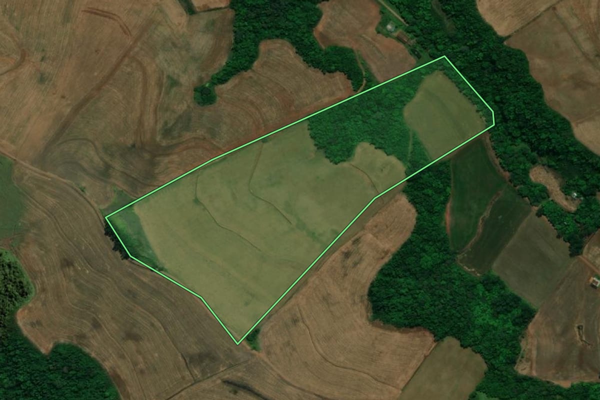 Imagem de satélite do imóvel rural em Pérola d'Oeste (PR), com o contorno declarado no CAR desenhado por cima.