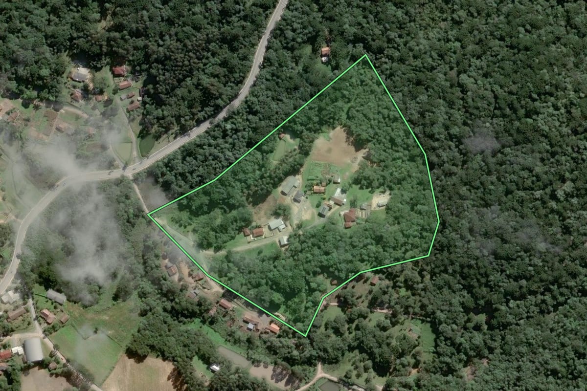 Imagem de satélite do imóvel rural em Piên (PR), com o contorno declarado no CAR desenhado por cima.