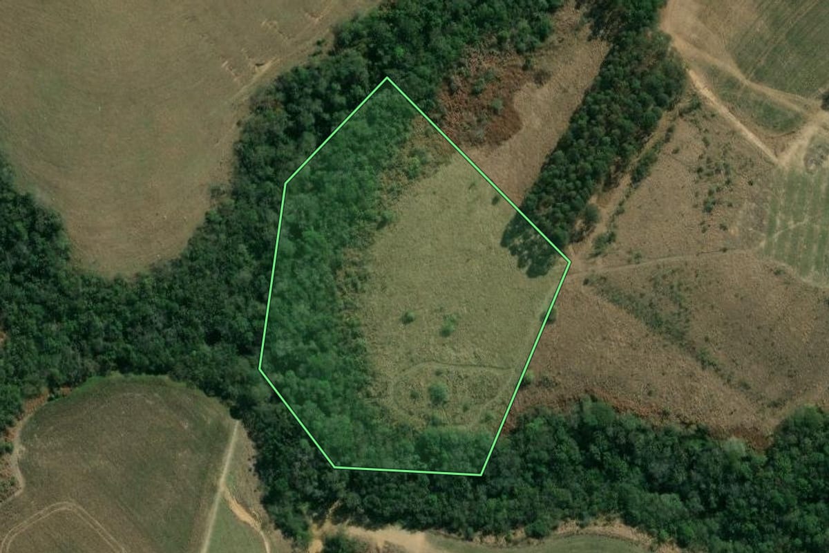 Imagem de satélite do imóvel rural em Pinhalão (PR), com o contorno declarado no CAR desenhado por cima.