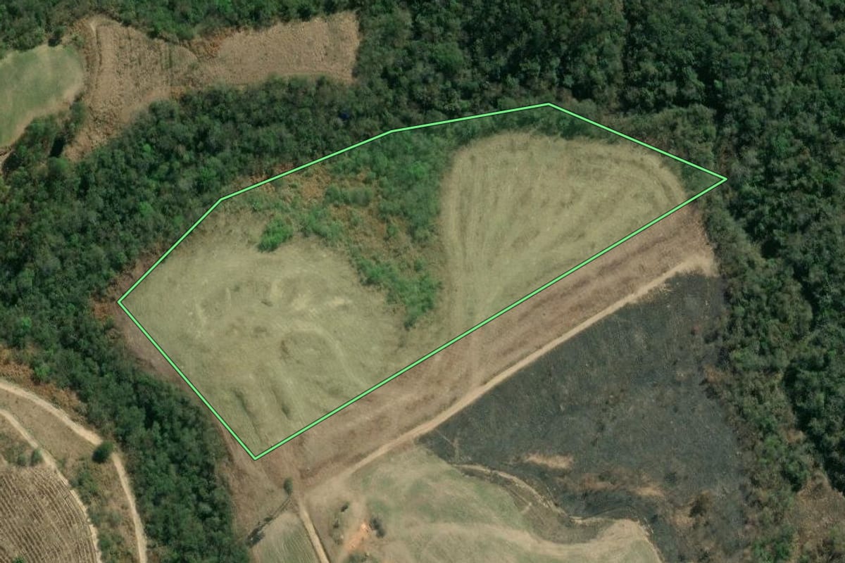 Imagem de satélite do imóvel rural em Pinhalão (PR), com o contorno declarado no CAR desenhado por cima.