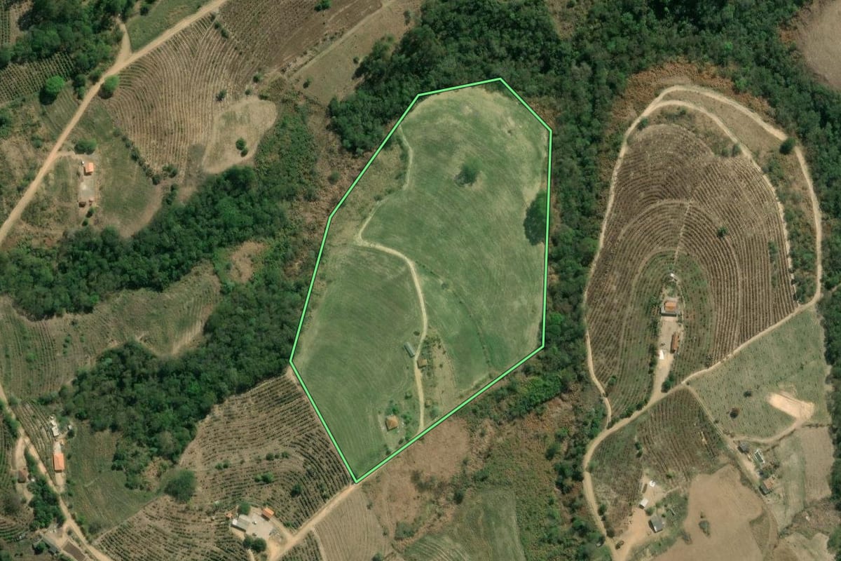 Imagem de satélite do imóvel rural em Pinhalão (PR), com o contorno declarado no CAR desenhado por cima.