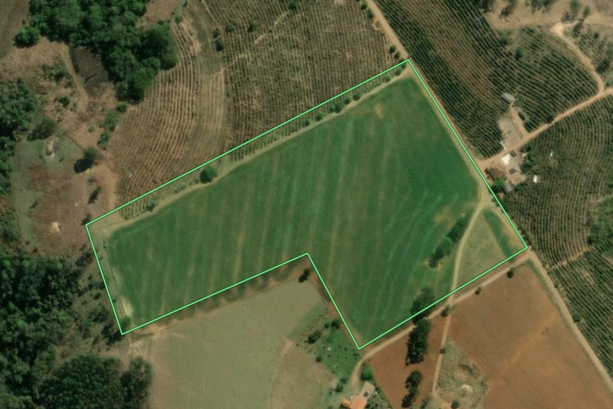Imagem de satélite do imóvel rural em Pinhalão (PR), com o contorno declarado no CAR desenhado por cima.