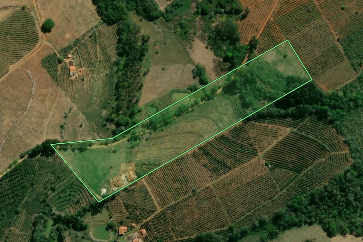 Imagem de satélite do imóvel rural em Pinhalão (PR), com o contorno declarado no CAR desenhado por cima.