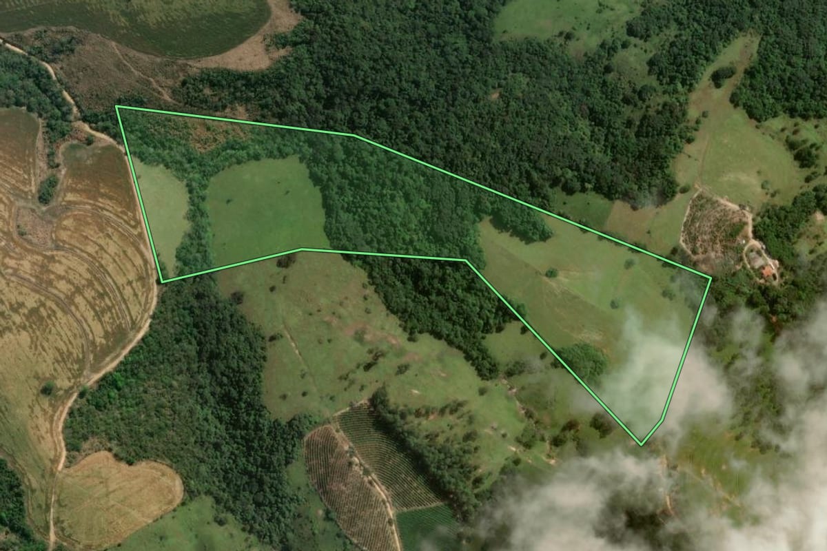 Imagem de satélite do imóvel rural em Pinhalão (PR), com o contorno declarado no CAR desenhado por cima.