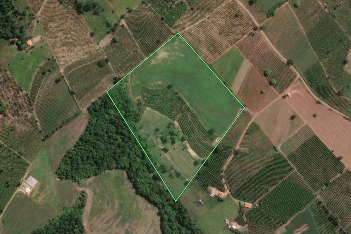 Imagem de satélite do imóvel rural em Pinhalão (PR), com o contorno declarado no CAR desenhado por cima.