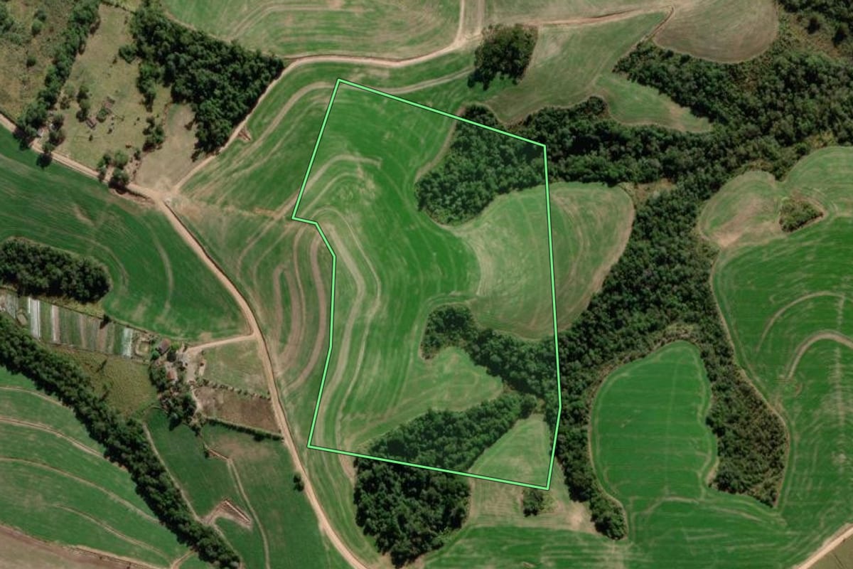 Imagem de satélite do imóvel rural em Pinhalão (PR), com o contorno declarado no CAR desenhado por cima.