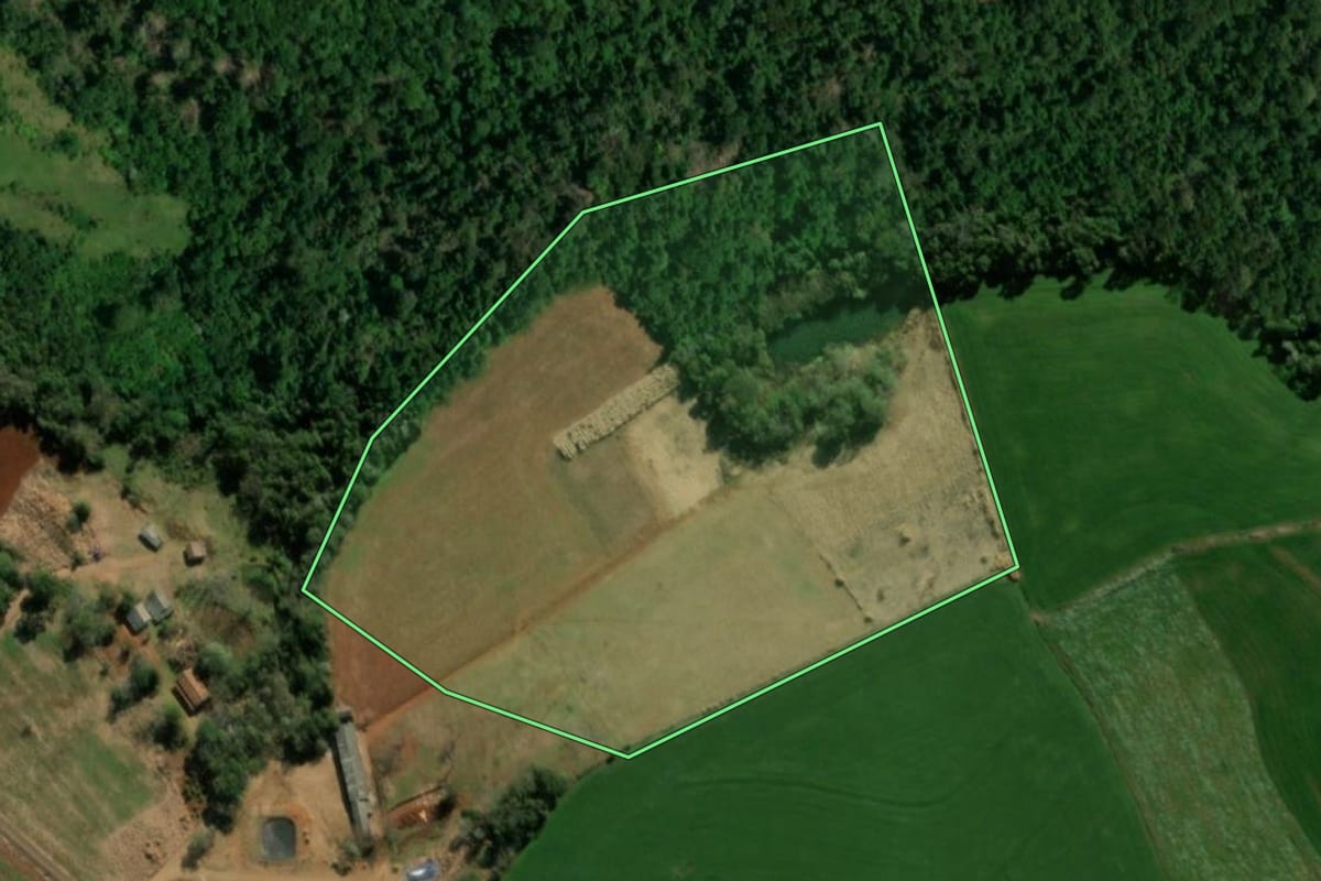 Imagem de satélite do imóvel rural em Pinhal de São Bento (PR), com o contorno declarado no CAR desenhado por cima.