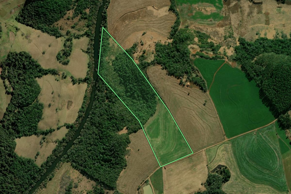 Imagem de satélite do imóvel rural em Pinhal de São Bento (PR), com o contorno declarado no CAR desenhado por cima.