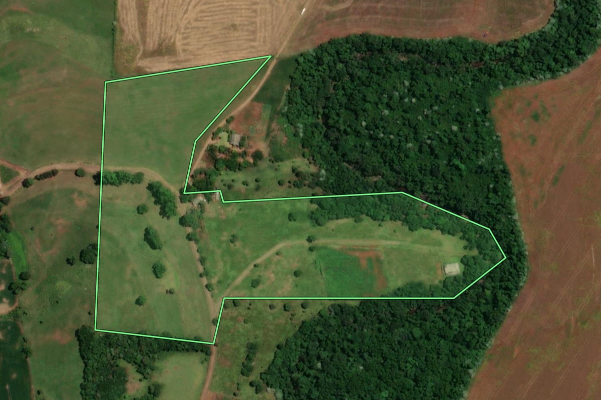 Imagem de satélite do imóvel rural em Pinhal de São Bento (PR), com o contorno declarado no CAR desenhado por cima.