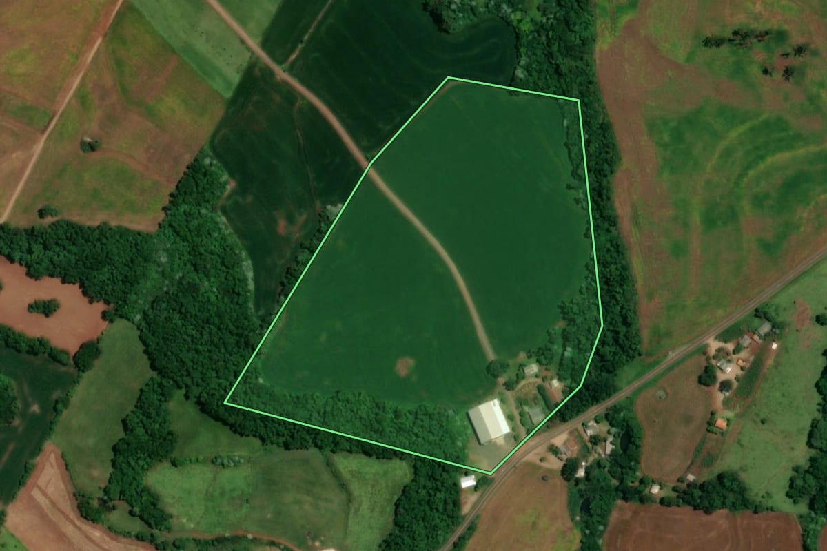 Imagem de satélite do imóvel rural em Pinhal de São Bento (PR), com o contorno declarado no CAR desenhado por cima.